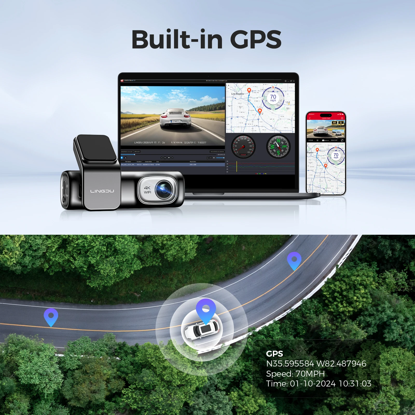 LINGDU D600 대시 캠 4K 2160P UHD 자동차 DVR 내장 GPS WiFi 음성 제어 대시 자동차 카메라 24H 주차 모니터 야간 투시경 ??? ?