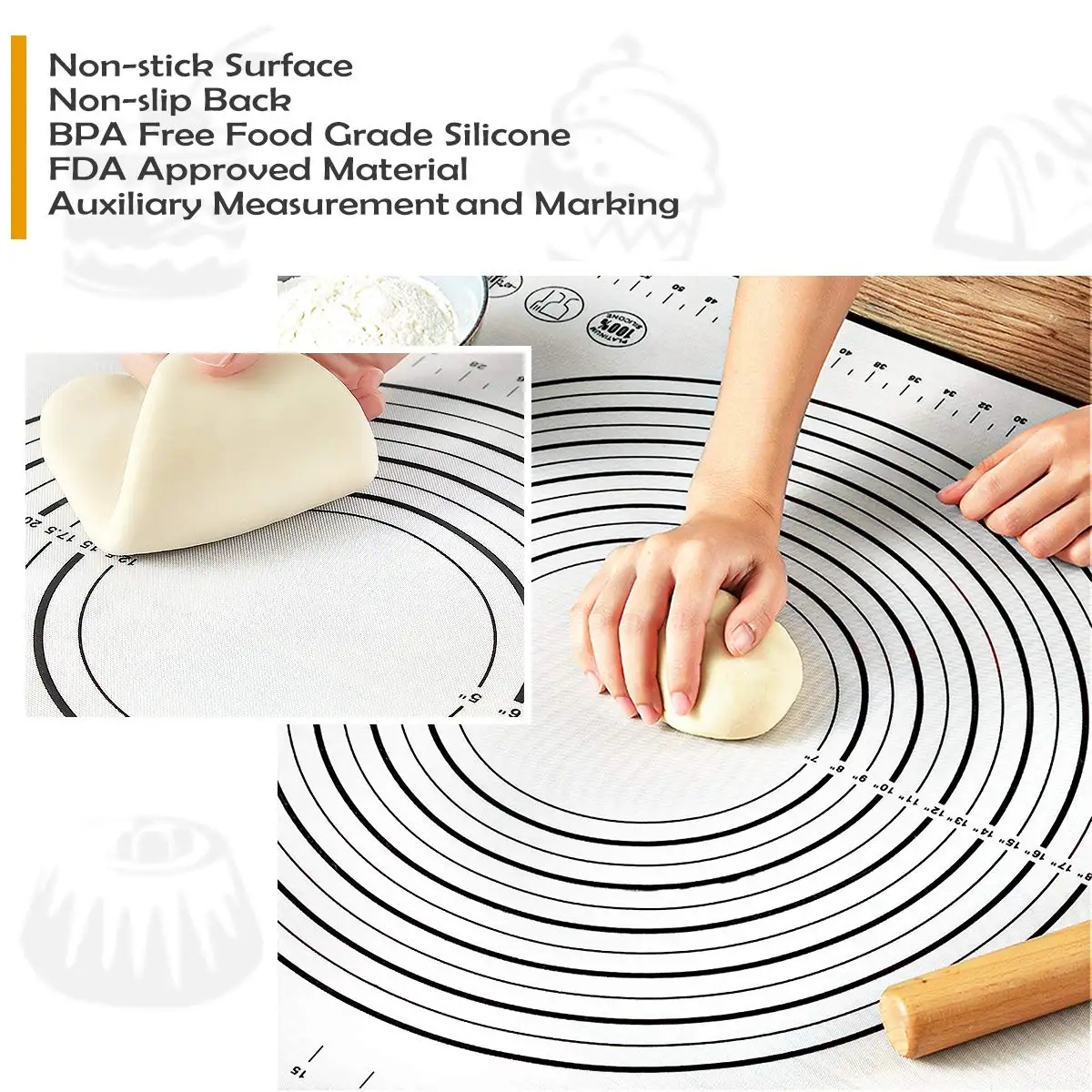 Silicone Fondant Rolling Mat  Non-Slip Silicone Pastry Mat with