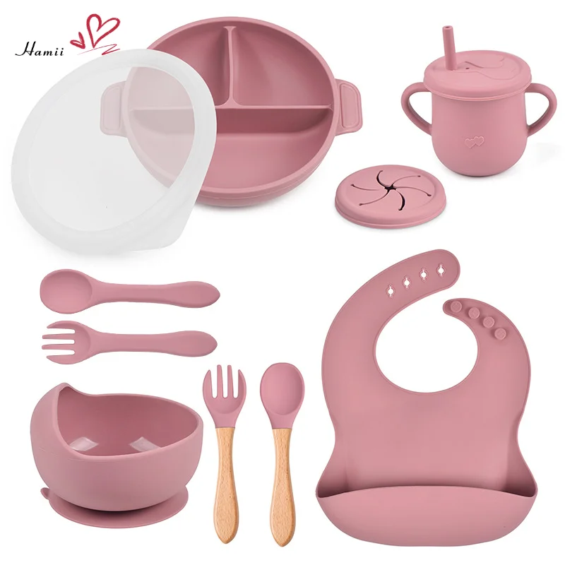 

10PCS Baby Feeding Set BPA Free Silicone Suction Bowl Divided Plate with Handle Spoon Fork Cups Bibs Children Training Tableware