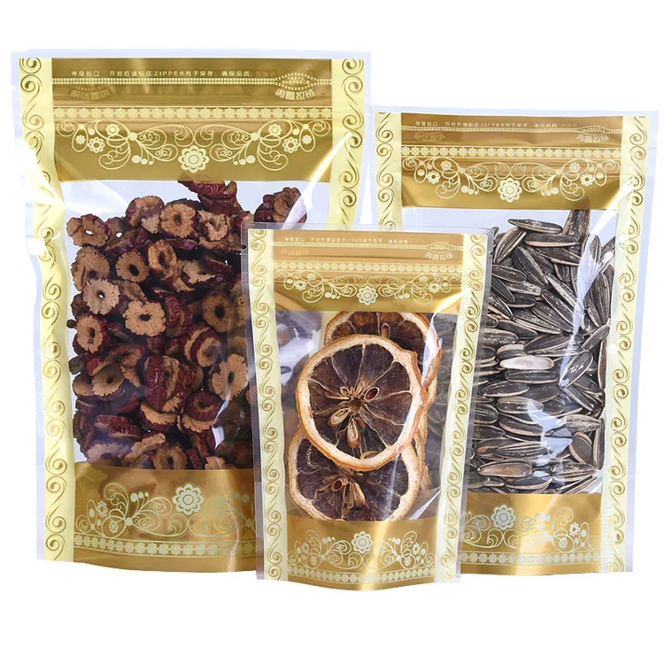 100PCS 스탠드 업 플라스틱 골드 지 플락 투명 창 저장 가방 DIY 말차 커피 스낵 비스킷 캔디 베이커리 차 포장 파우치