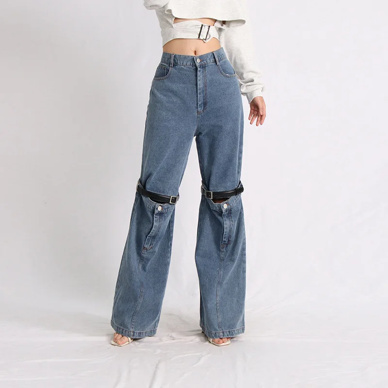 High Waisted Jeans Woman 2023 Autumn New Fashion Versatile Splice Detachable Straight Leg Casual Denim Pants Streetwear Female