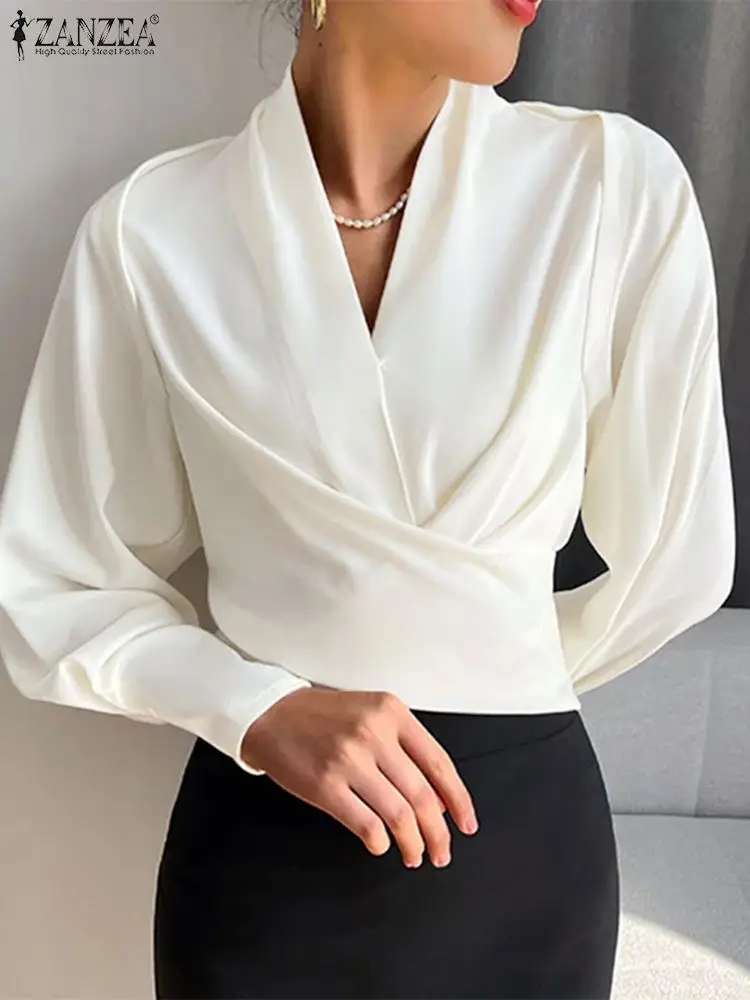 

Модные женские блузки ZANZEA, элегантные блузки с длинными манжетами и пышными рукавами, V-образным вырезом, новинка 2023, Короткие топы на талии, асимметричные рубашки