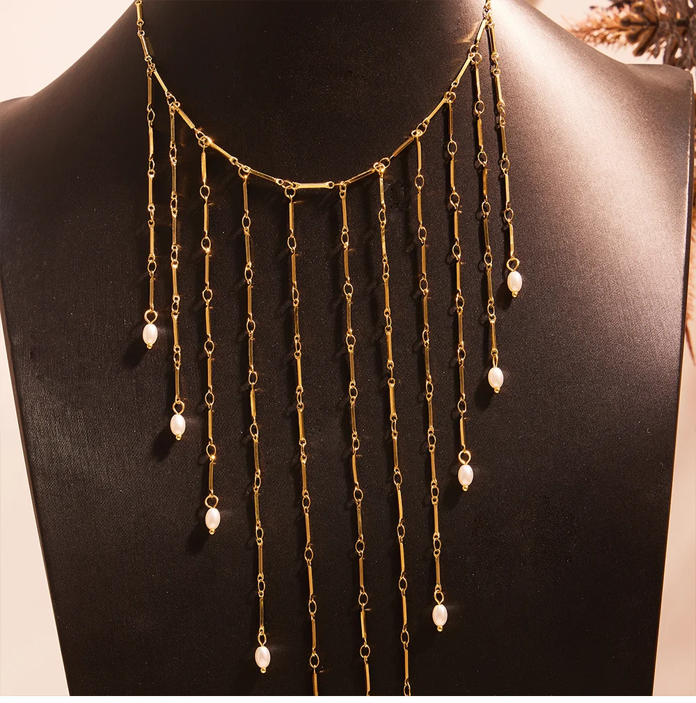 Goldene Silber Natürliche Süßwasser Perle Halskette frauen Edelstahl Vergoldet Lange Quaste Halsband Femme Elegante Schmuck – Detail 5