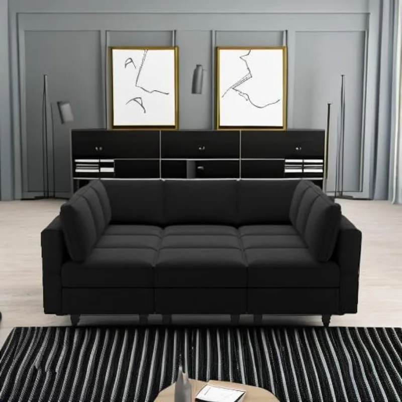 Modular Sectional Sofa with Ottomans Velvet Reversible Sleeper Chaise Bed Storage Seat Black
