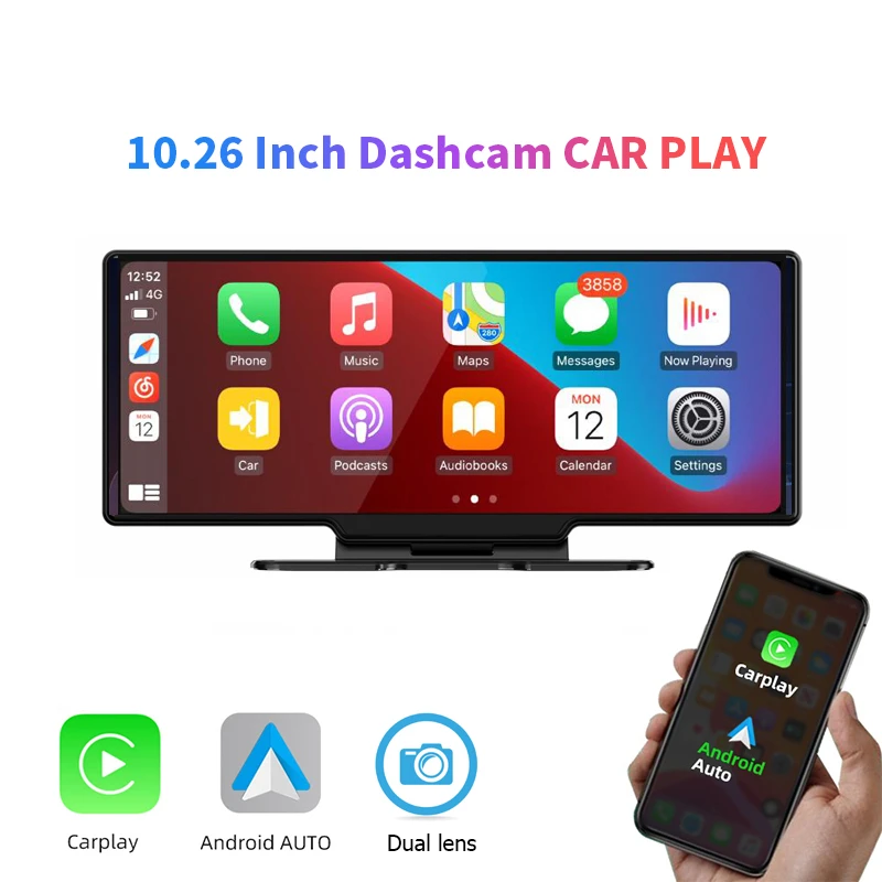 10.26inch Apple CarPlay Bluetooth Android Auto Dash Camera Car DVR Dual Lens 2K+1080P Video Recorder APP Control Navigation WiFi yi smart dash camera