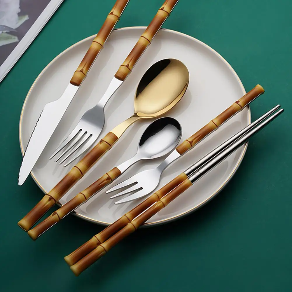 Food Cutlery Mirror Process Bamboo Tableware Stainless Steel Hotel Western Cuisine Cutlery Spoon for Dining Room Cubiertos