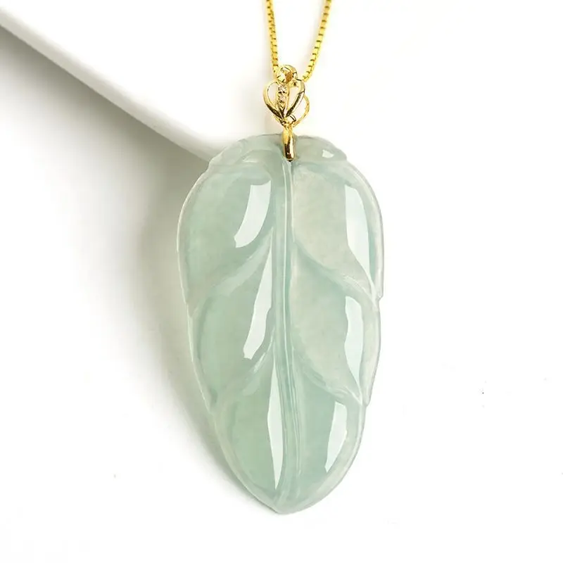 

Natural Myanmar A-grade Jade Oil Green Leaf Pendant 18K Gold Inlaid with Ice Jadeite Charms Flower Pieces Women's Gifts Jewelry