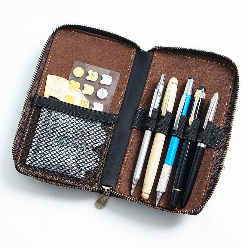 Genuine Leather Zipper Passport Bag Retro Crazy Horse Leather Multi-pencil Bag Large-capacity Stationery Box Pen Box Long Wallet