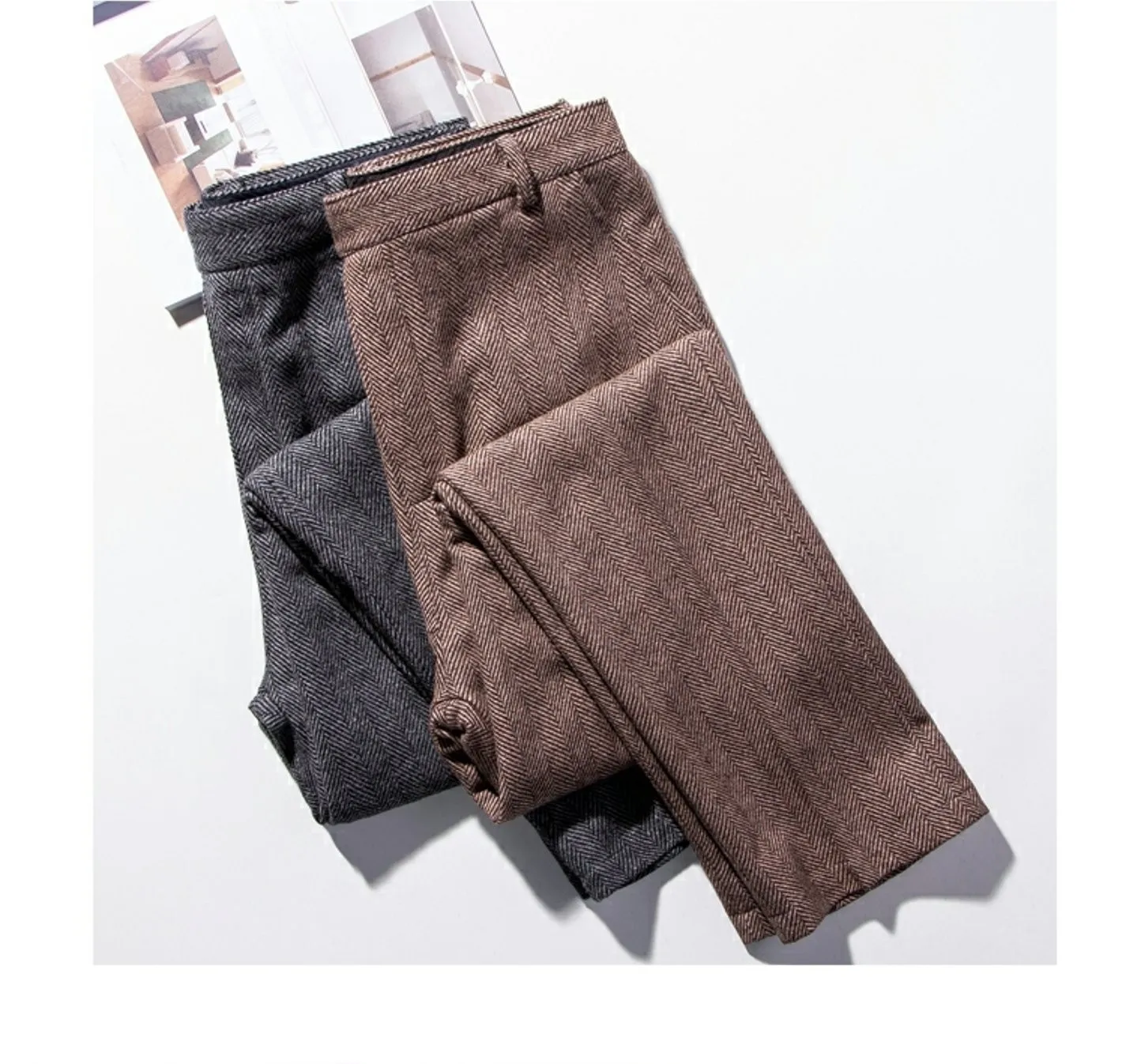 Herrenhose aus Wolle für Herbst und Winter, großes Fischgrätenmuster, britische Retro-amerikanische Freizeithose aus Haremwolle mit geradem Bein – Detail 5