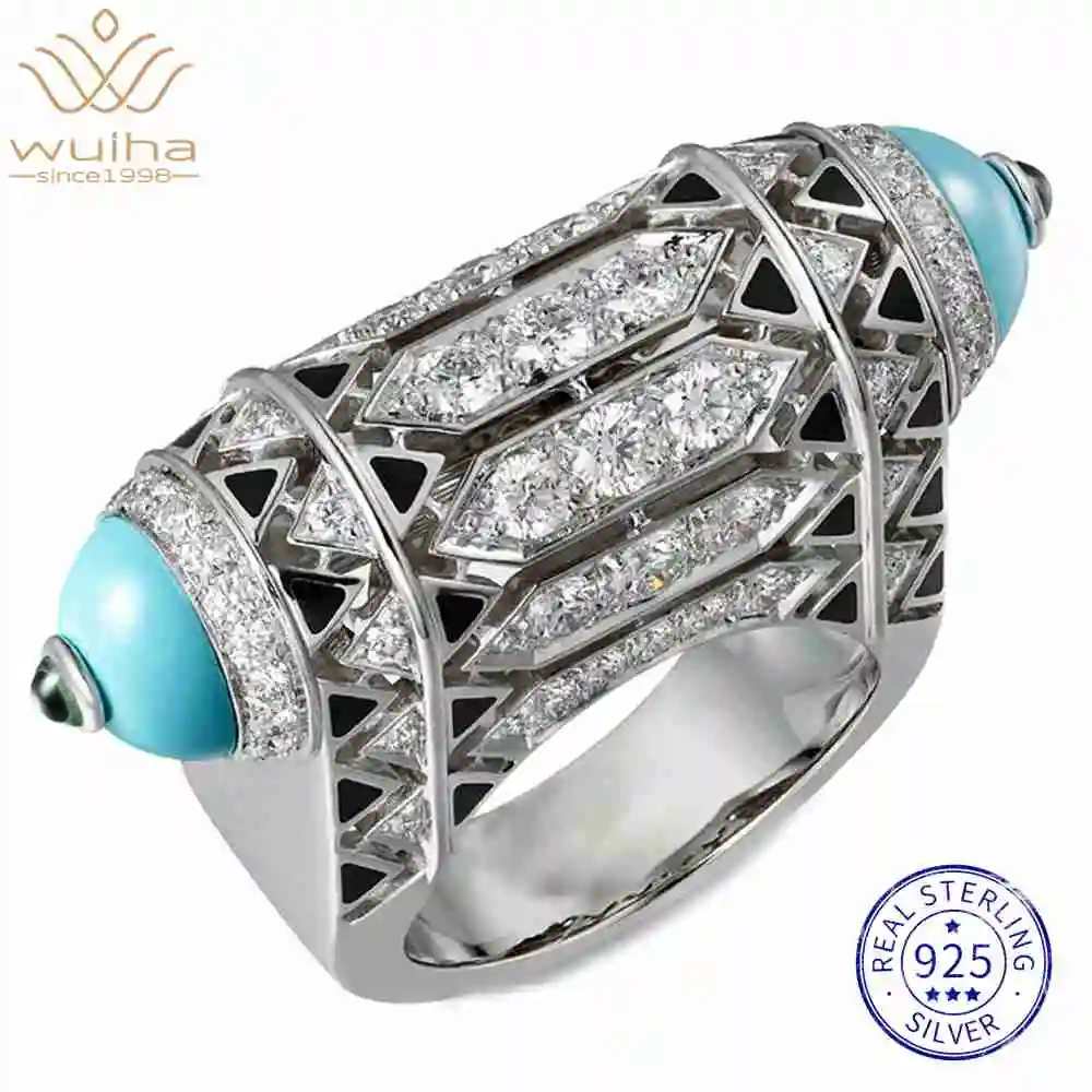WUIHA 925 Sterling Silver Sapphire Blue Turquoise High Carbon Diamonds Wedding Engagement Cocktail Rings Fine Jewelry Wholesale