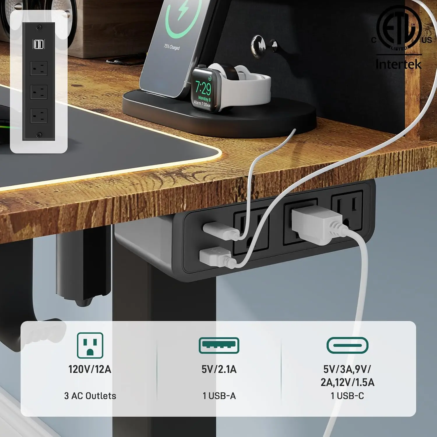 Vabches Height Adjustable Computer Desk Electric Standing Desk for Home Office Gaming Desk with LED Light&Power Outlet&Metal Leg 5