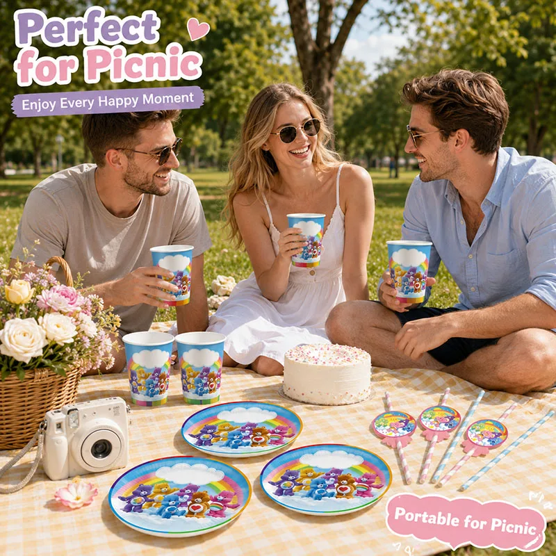 Celebration Table Decor Kit Care Bear Plate Cup Straw Combination Disposable Dinnerware For Theme Gathering Party Event Supplies