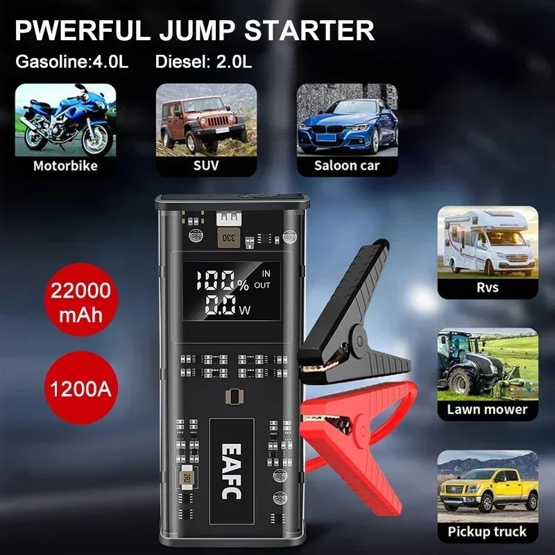 1200A Booster Starting for Car 12V Battery Portable Charger Emergency Car Jump Starter Device Power Bank with Smart Clip EVA Box