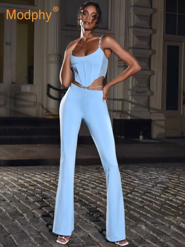 

High Quality Summer Sky Blue Bandage Pants 2 Two Piece Set Sexy Lace Up Top + High Waist Pants Set Club Party Trousers Outfit
