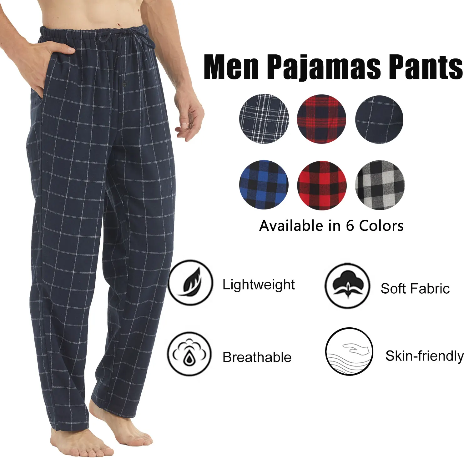 LANBAOSI 2er-Pack Baumwoll-Pyjamahosen mit Taschen und Kordelzug, Rote Karierte Lounge-Schlafbekleidung, Weihnachts-PJ