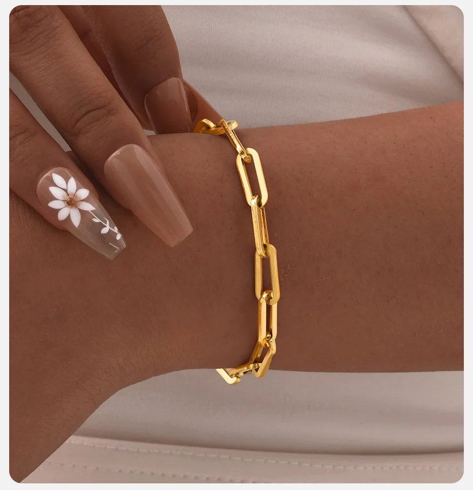 Vnox Büroklammer-Kettenarmbänder, Edelstahlschmuck für Frauen und Mädchen, goldfarbene klassische rechteckige ovale Schwanzarmbänder für den Alltag – Detail 4