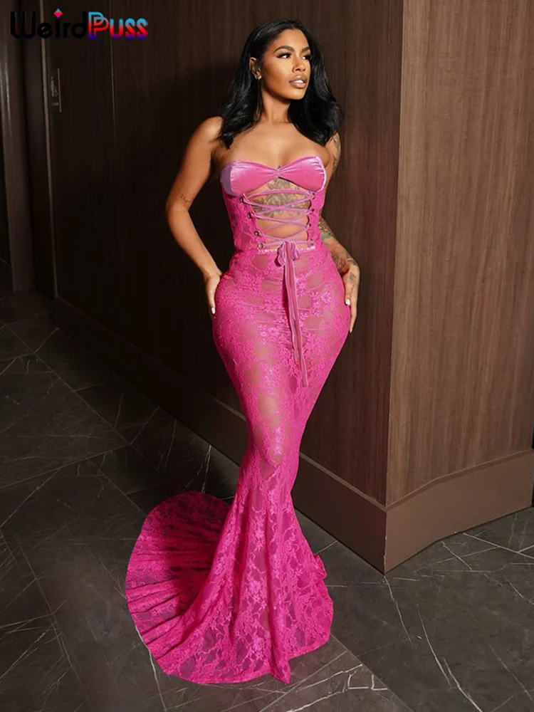 Weird Puss Sexy Party Dress Women Mesh Patchwork Strapless Shirring Hollow Coquette Banquet Elegant Summer Trend Maxi Bodycon 3