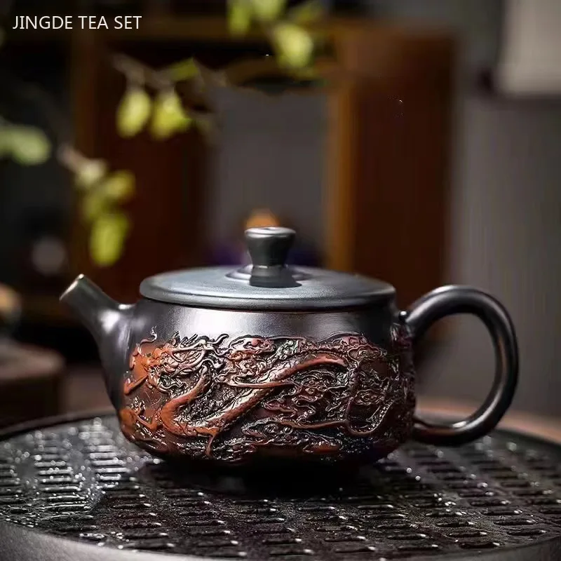 ドラゴンモチーフ 陶器ポット Purple Pottery Relief Teapot Hand-carved Dragon Pattern