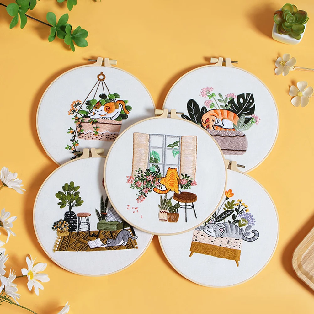 

Embroidery Starter Kit With Cute Cat Patterns DIY Cross Stitch Kits With Embroidery Hoops Threads Needles Instruction Manual