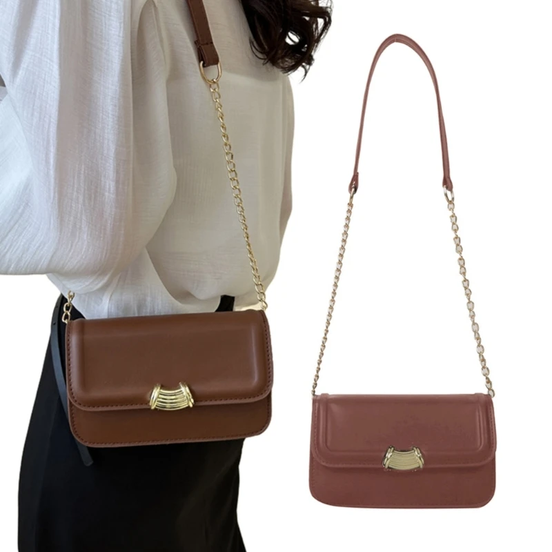 

Solid Color Simple Chain Retro Handbag PU Crossbody Bags Satchel for Women