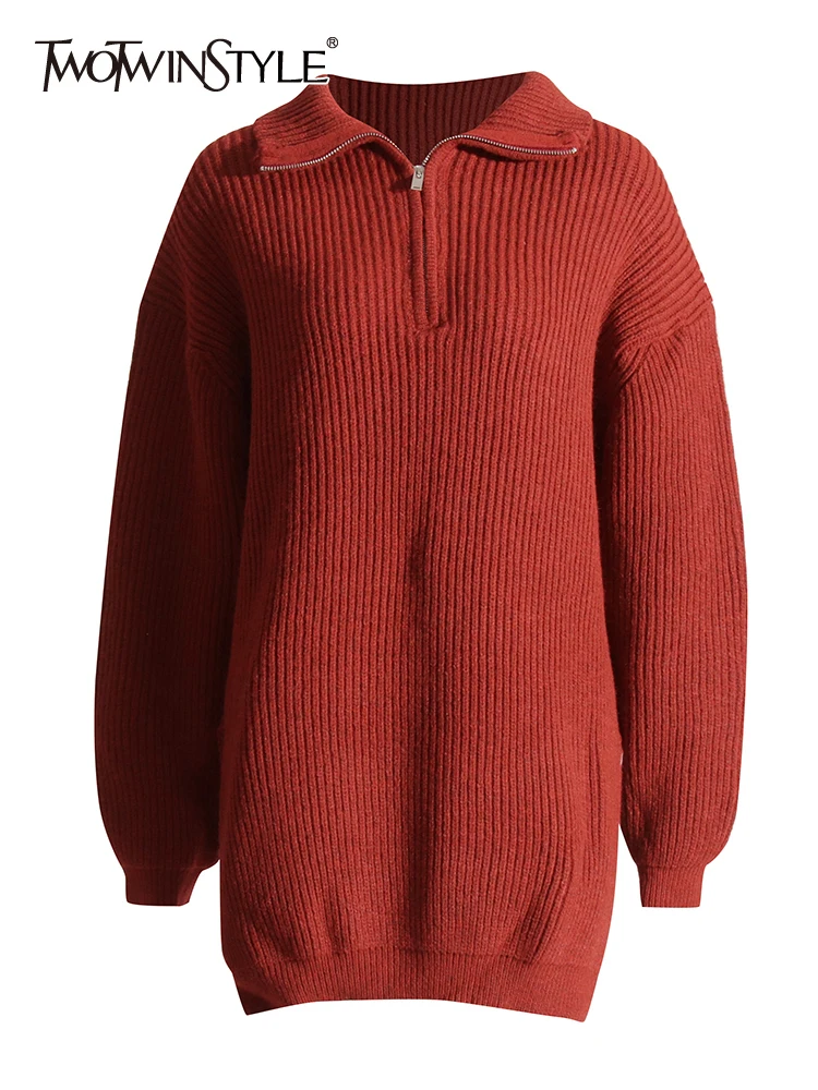 

TWOTWINSTYLE Solid Patchwork Zipper Knitting Sweaters For Women V Neck Long Sleeves Minimalist Temperament Sweater Female New
