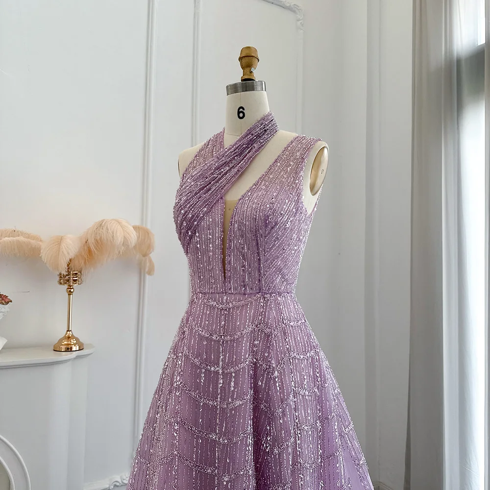 Sharon Said Luxury Beaded Dubai Lilac Evening Dresses for Women Wedding Party 2023 Elegant Long Arabic Prom Formal Gowns SS329