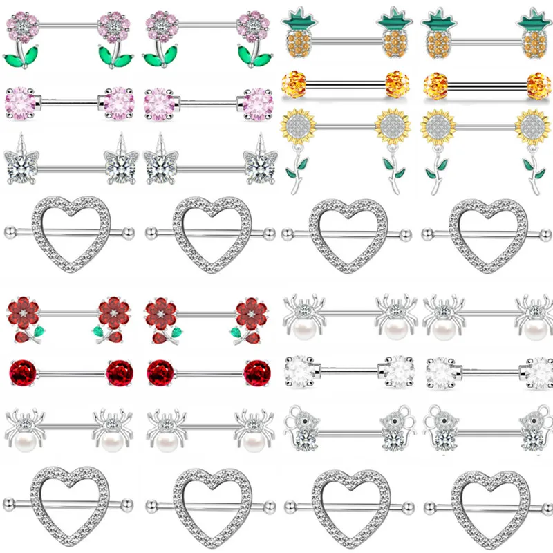 4Pair Heart Crystal Nipple Piercing Jewelry Set Flower Nipple Barbell