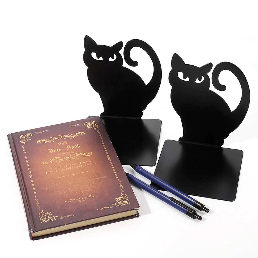 2pcs Black Cat Bookend File Stands Desktop Non-skid Bookshelf Ends Organizer Reading Metal Bookends Holders Decorative Iron