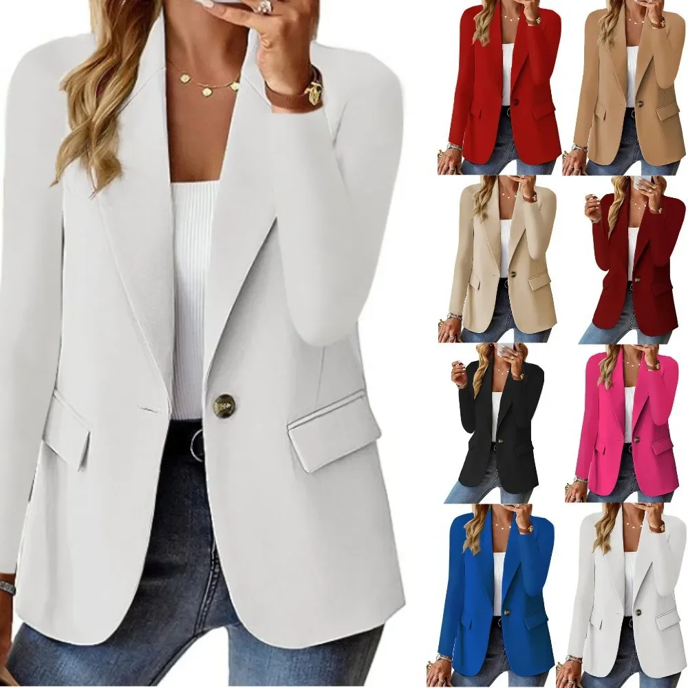 Spring Autumn Solid Women Blazer Fashion Notched Single Button Full Sleeve Bodycon Suits Office Casual Ladies Pockets Blazers