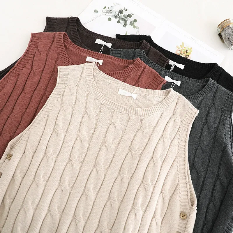 

Girls Simple Retro Knit Vest Vintage Sweet Female Twist Short Women Vest Top Outerwear Sleeveless Pullover Knitwear Waistcoat