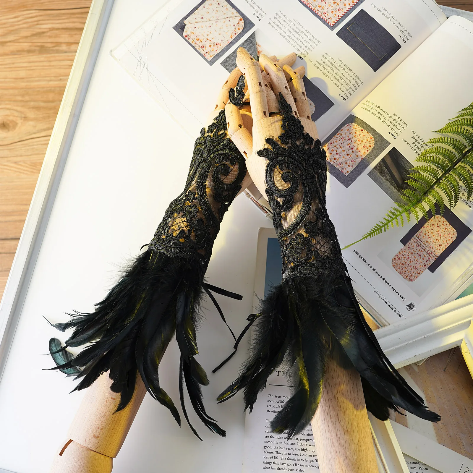 Gothic Feather Lace Long Gloves Wrist Cuffs Sleeves Adult Rave Party Sexy Fingerless Gloves