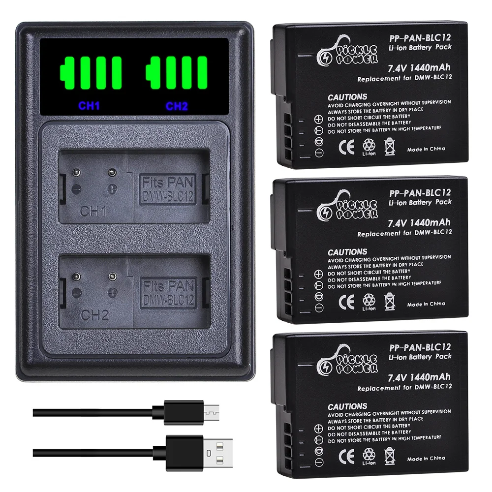 Pickle Power Dmw-Blc12 Blc12E 1440Mah Batteria + Led Dual Charger Per Panasonic Lumix Dmc-G5,G6,G7,G85,Fz200,Fz300,Fz1000,Fz2500