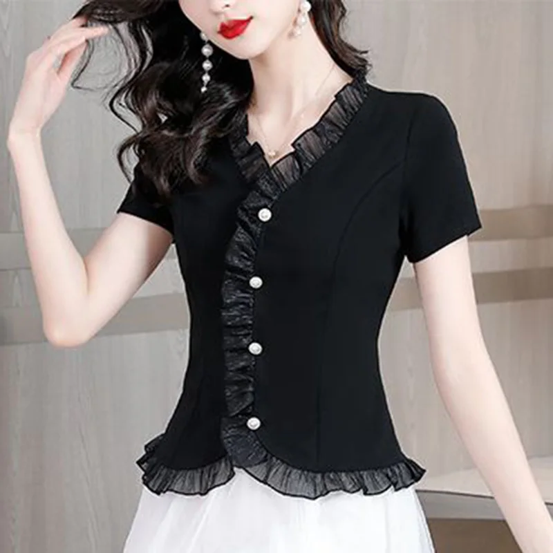 Elegant V-Neck Spliced Solid Color All-match Ruffles Shirt Women's Clothing 2023 Summer New Casual Tops Loose Office Lady Blouse