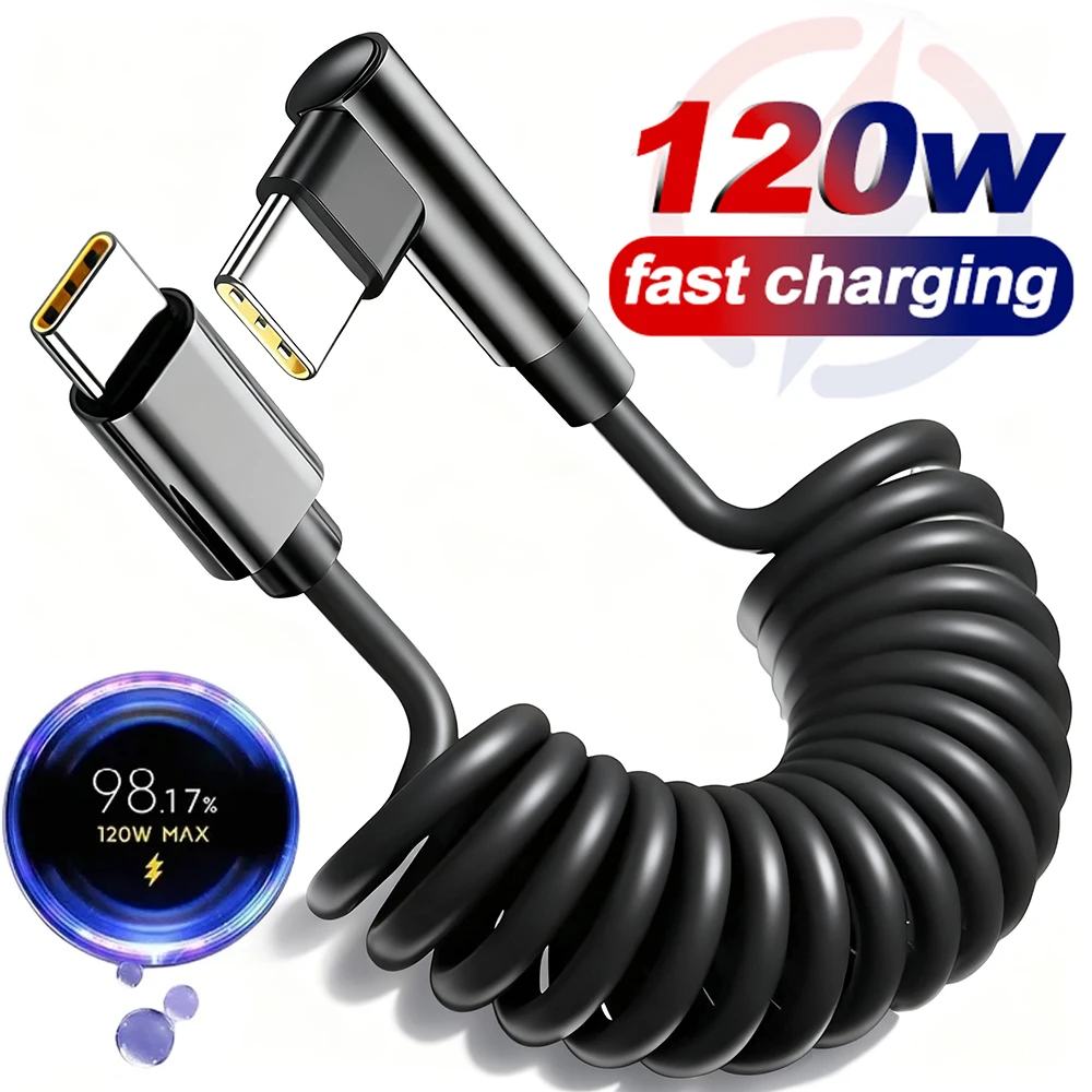 High-Power Coiled USB-C to C 90° Right Angle Quick Charge Data Cable