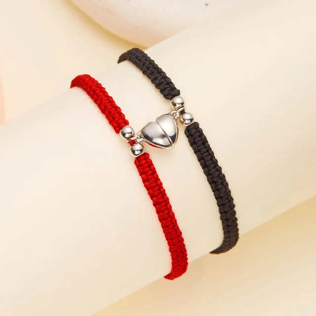 Bracelet porte-bonheur en corde tressée rouge, 2 pièces, pour femmes et hommes, cœur romantique, magnétique, assorti, bijoux pour amoureux de la saint-valentin