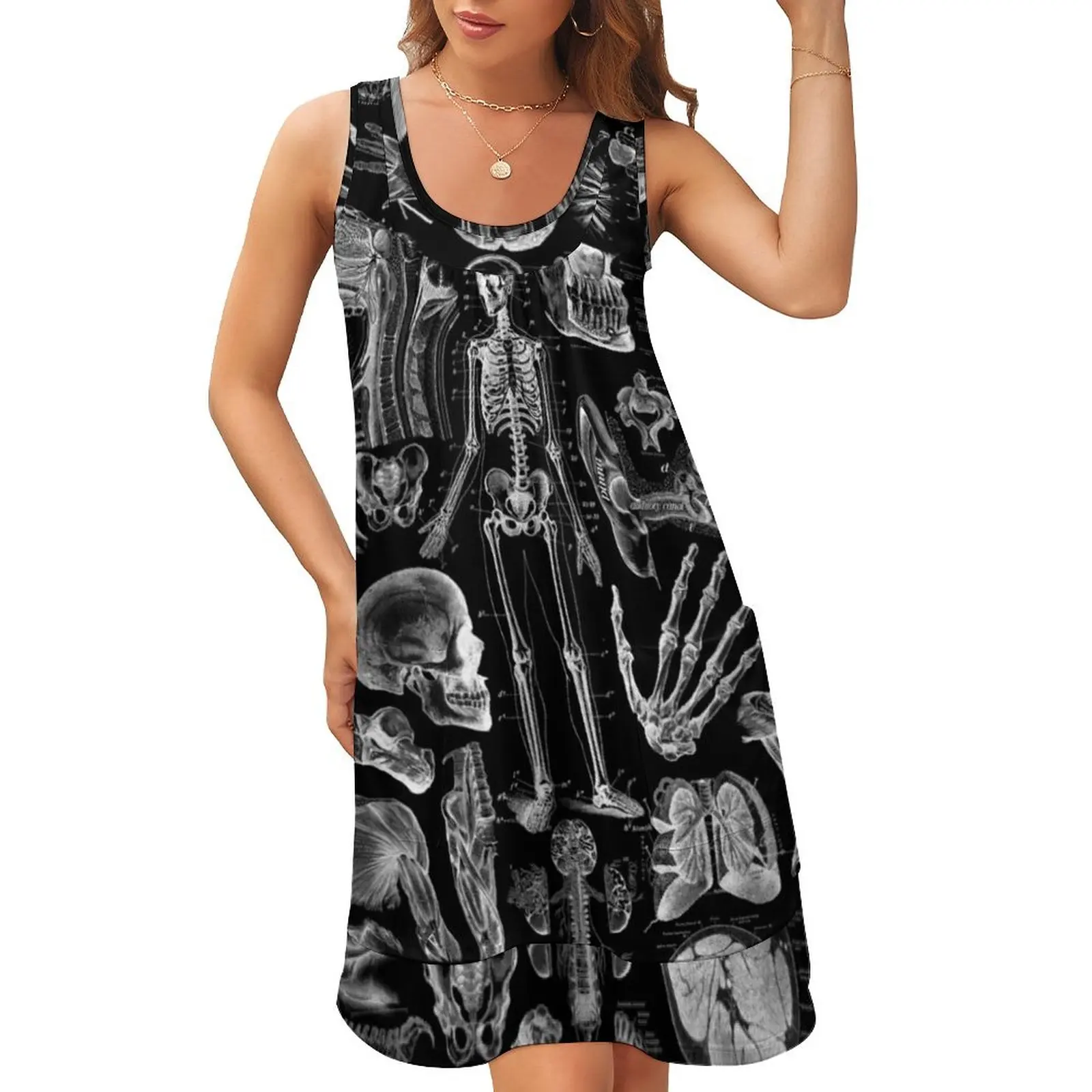 

Платье женское длинное с U-образным вырезом, элегантная Роскошная Одежда с черным принтом анатомии человека, без рукавов, с имитацией двух частей