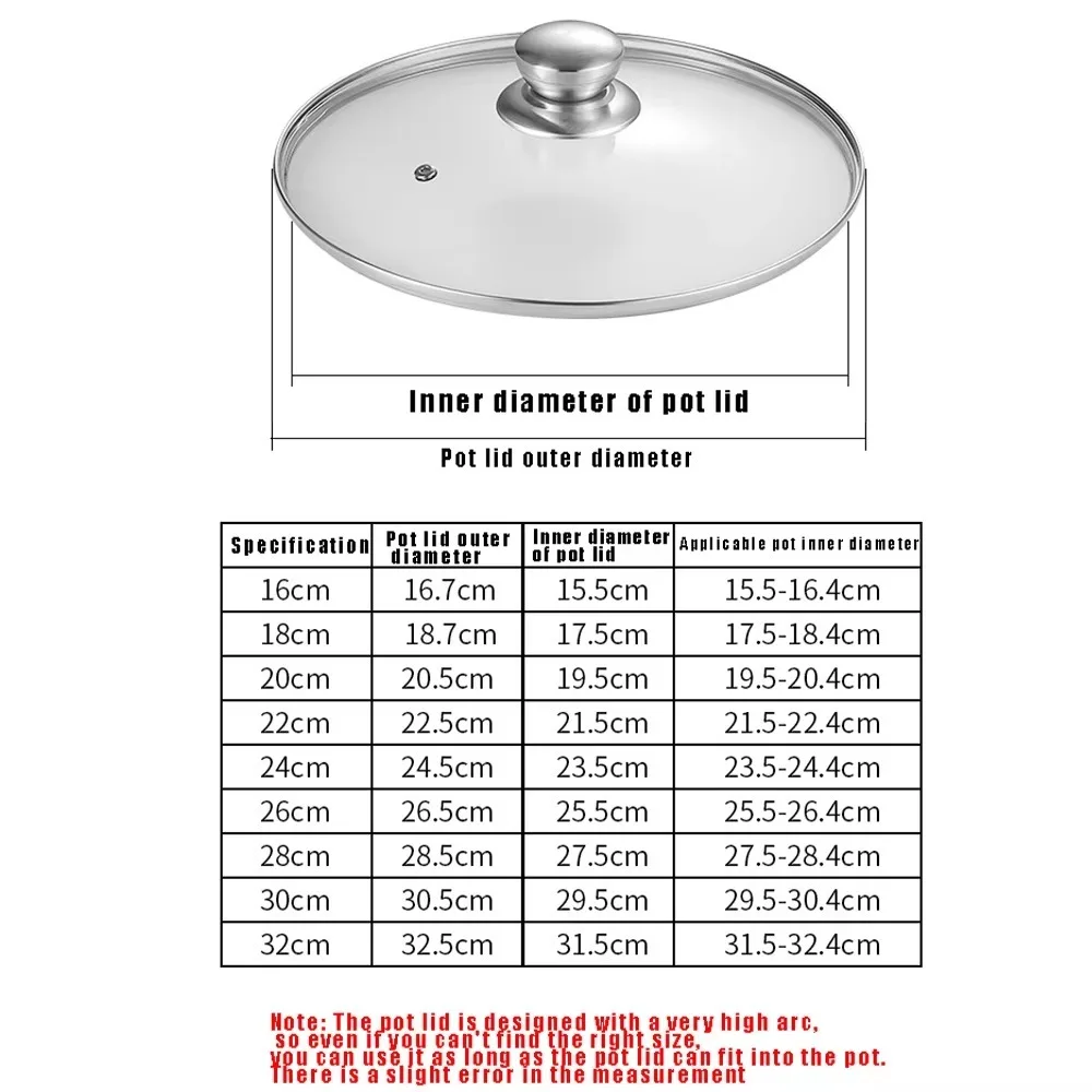 Stainless Steel Tempered Glass Pot Lid 16-34cm Anti-Scalding Frying Pan Cover Round Knob Wok Pan Lid