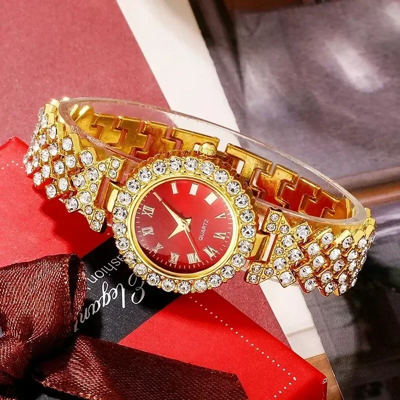 Golden Luxury Watch Women Ring Necklace Earring Rhinestone Fashion Wristwatch Casual Ladies Bracelet Watches Jewelry Set 5