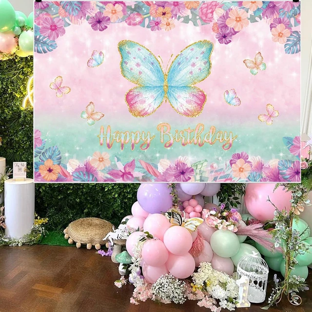 Decoraciones de fiesta de cumpleaños de mariposa para niñas, kit de arco de  guirnalda de globos de mariposa, telón de fondo de feliz cumpleaños