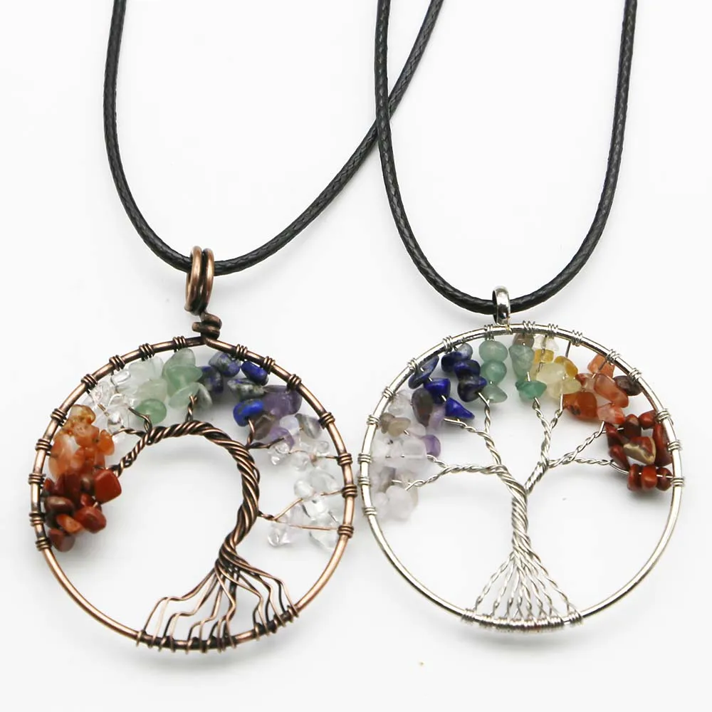 Natural Colorful Stone Crystal Fortune Life Tree Pendant Leather Rope Necklace Reiki Charm Fashion Jewelry Accessories Gift 6Pcs
