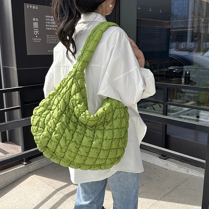 여아용 캐주얼 대용량 토트 숄더백, 디자이너 주름 핸드백, 럭셔리 나일론 퀼트..