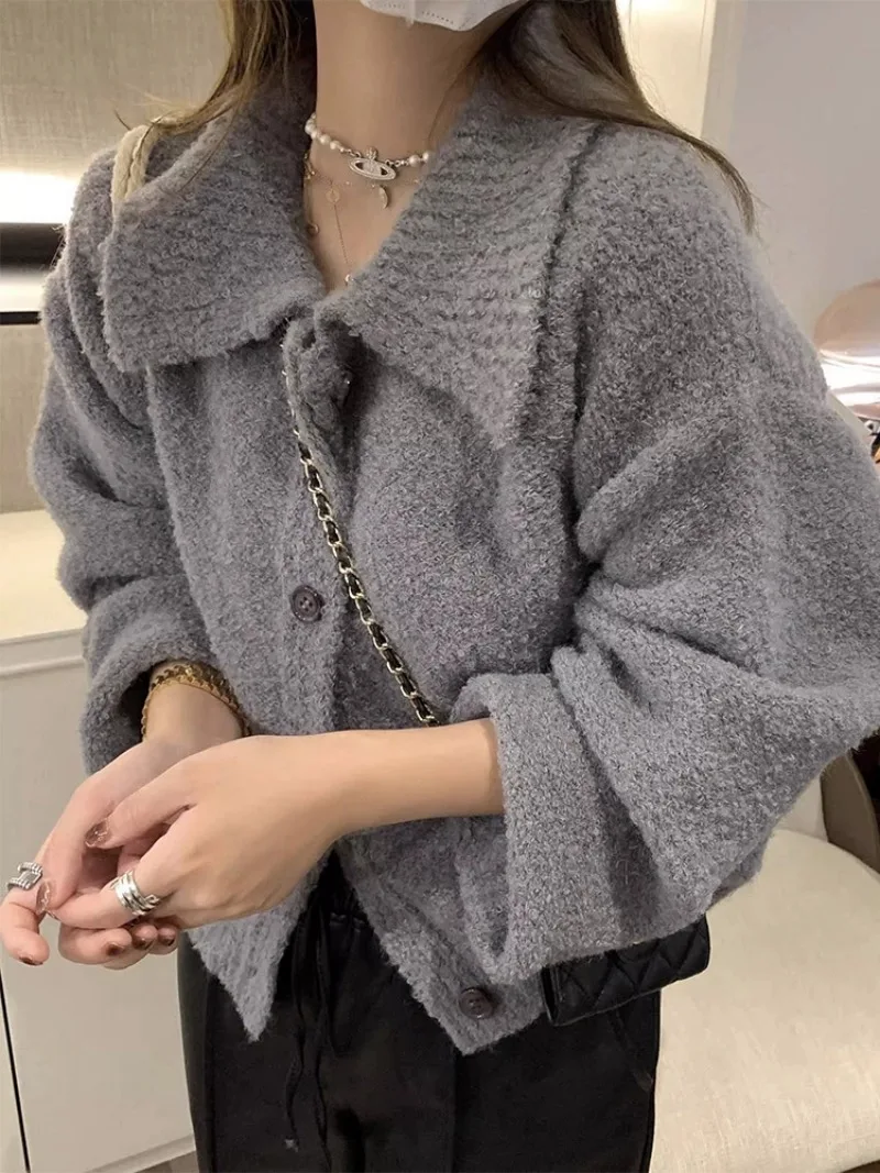 

Autumn Winter High Street Grunge Knit Outerwear Turn Down Collar Solid Color Chic Loose Cardigan Y2k Single-breasted Sweater