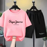 T-shirt imprimé avec lettres de marque pour enfants, haut à manches courtes + short, ensemble de vêtements de sport décontractés à la mode pour garçons et filles de 3 à 12 ans 2