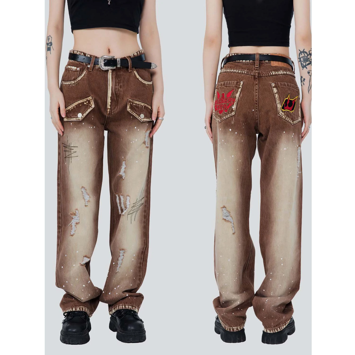 

America Men's Vintage Jeans Teens Gradience Color Ripped Hole Baggy Denim Pants Chic Patchwork Multi Pockets Hip Hop Streetwear