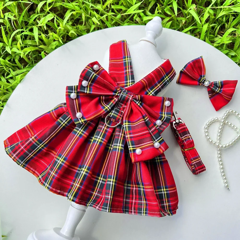 Pet Harness Leash Set Cute Plaid Dog Dress Cat Dog Holiday Party Costume Summer Girl Pet Clothes Bowknot Puppy Princess Dresses pet harness leash set pet harness set