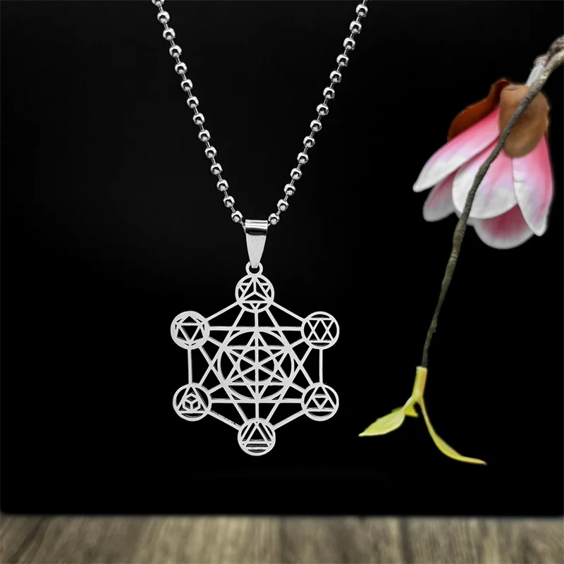 Große Erzengel Metatron Würfel Geometrie Halskette für Damen und Herren, Edelstahl Silberfarben, Blume des Lebens Kette Schmuck Collier – Detail 4