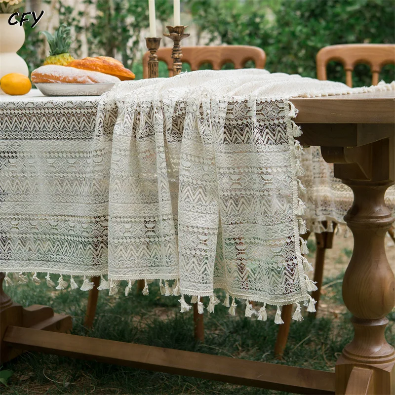 

Cotton Linen Rural European Striped Hollow Out Rectangular Table Cloth Kitchen Table Map Towel Tablecloth Table Wedding Decor
