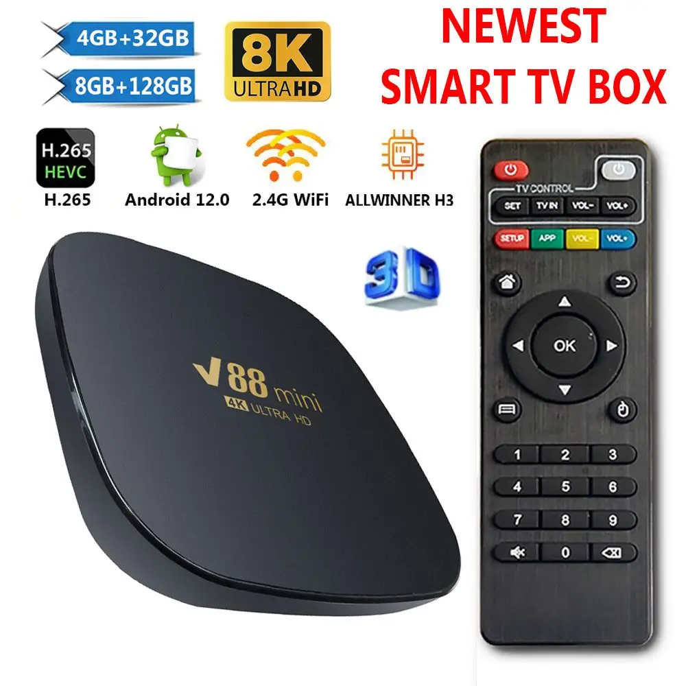 

ТВ-приставка V88 Mini Smart TV Box Android 12 Allwinner H3 Quad Core 2,4G WIFI 8K телеприставка 8 ГБ + 128 ГБ медиаплеер H.265 домашний кинотеатр