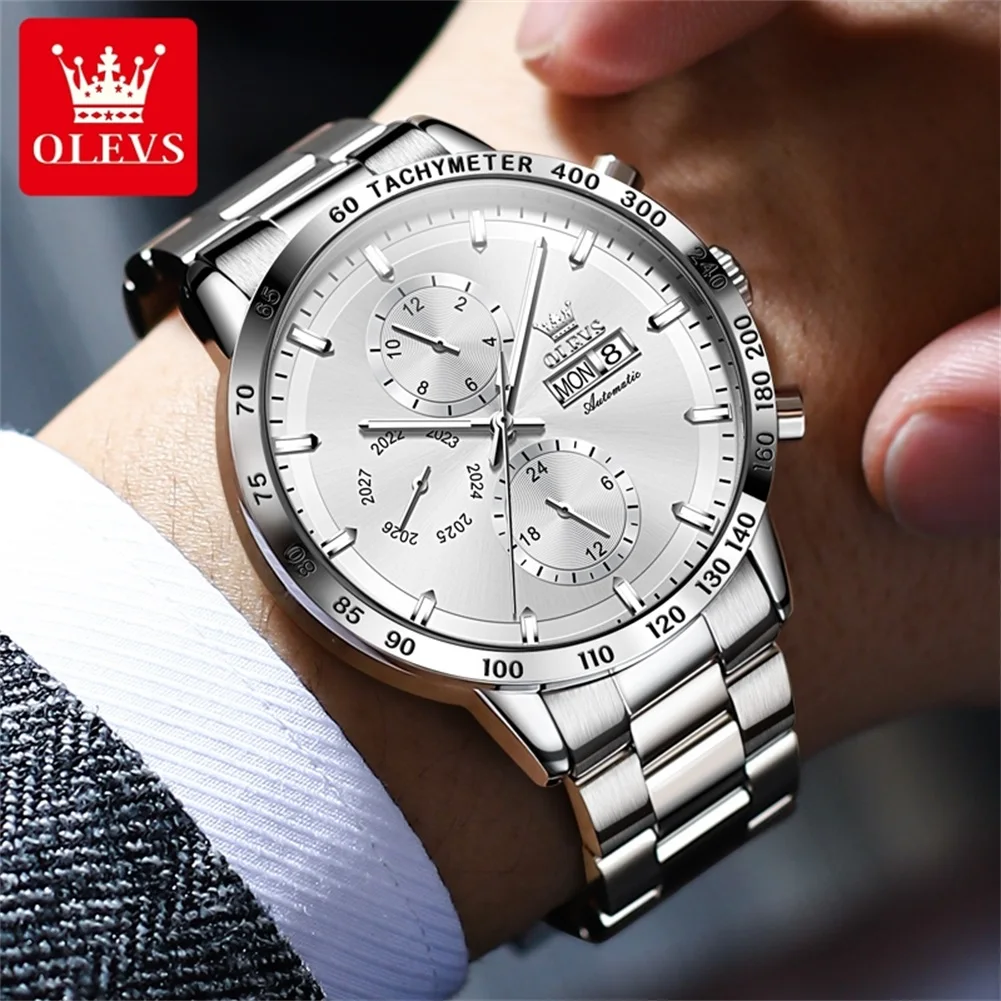 OLEVS-reloj automático de acero inoxidable para hombre, cronógrafo