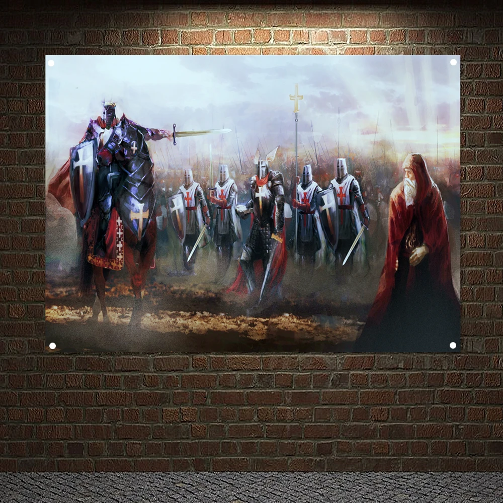 Knights Templar Battle Flag Banners Ancient Art Of War Medieval Warriors Poster Canvas Painting Vintage Wall Hanging Tapestry